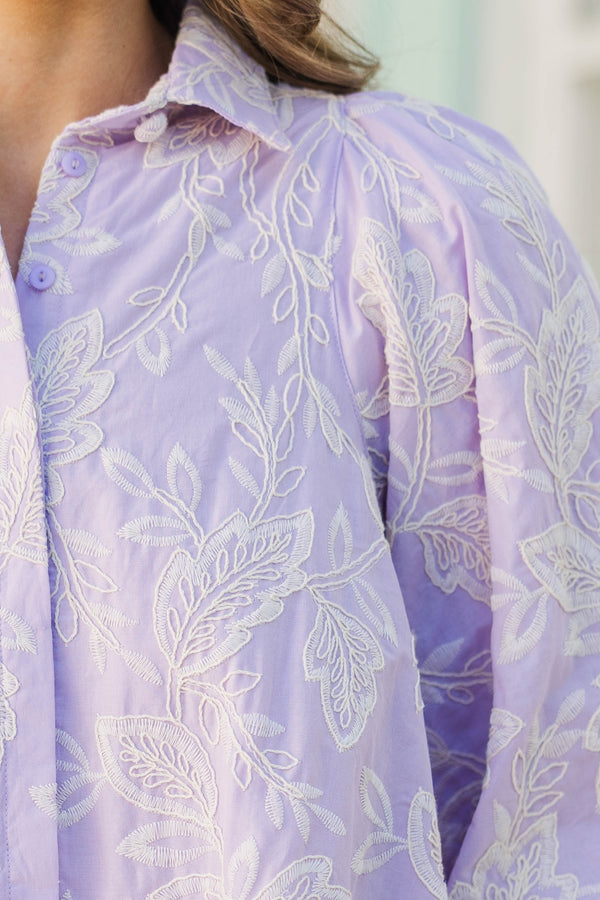Let's Run Lavender Embroidered Bubble Sleeve Blouse