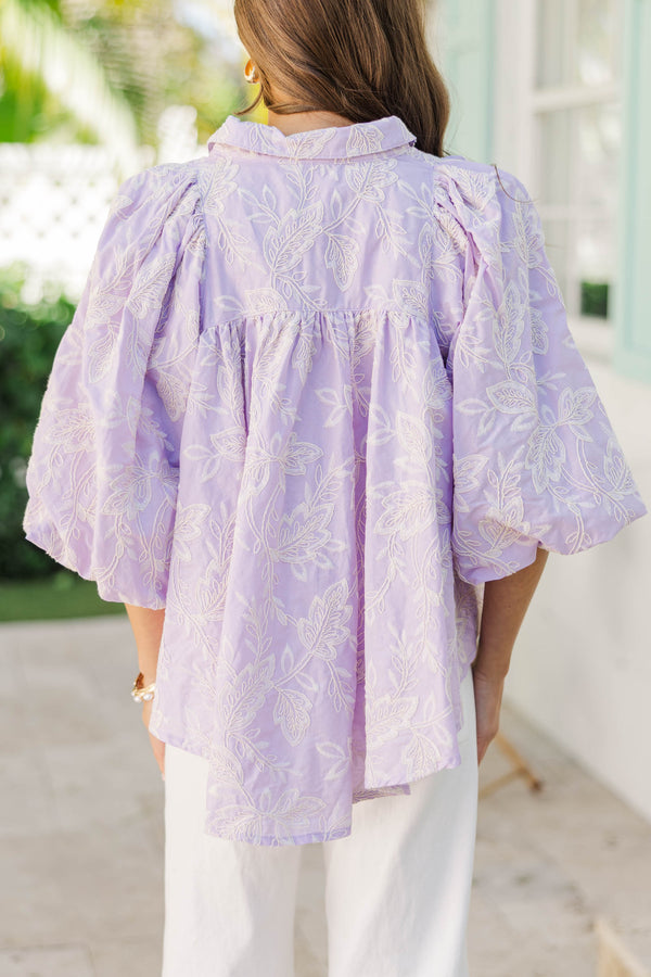 Let's Run Lavender Embroidered Bubble Sleeve Blouse