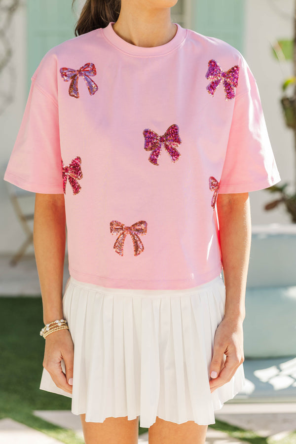 Color Pop Fun Multi-Shade Pink Bow Sequin Top