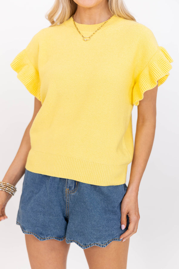 Take A Moment Yellow Ruffle Sleeve Knit Top