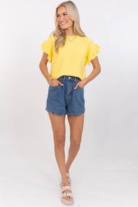 Take A Moment Yellow Ruffle Sleeve Knit Top