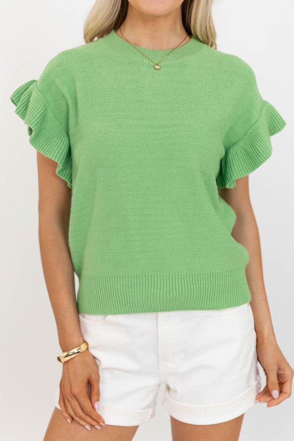 Take A Moment Green Ruffle Sleeve Knit Top