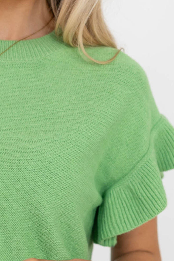 Take A Moment Green Ruffle Sleeve Knit Top