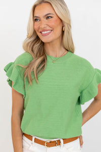 Take A Moment Green Ruffle Sleeve Knit Top