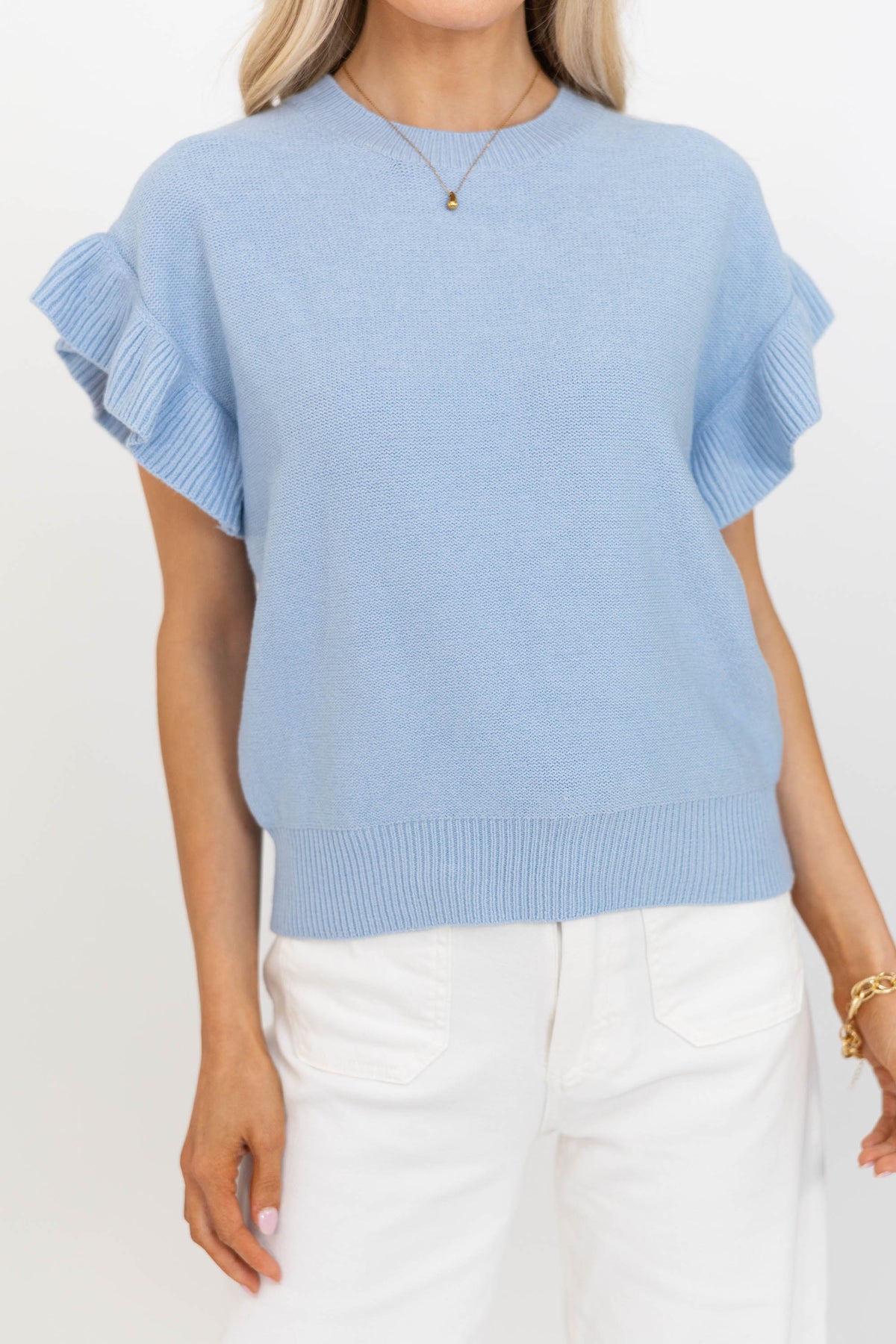 Take A Moment Light Blue Ruffle Sleeve Knit Top – Shop the Mint