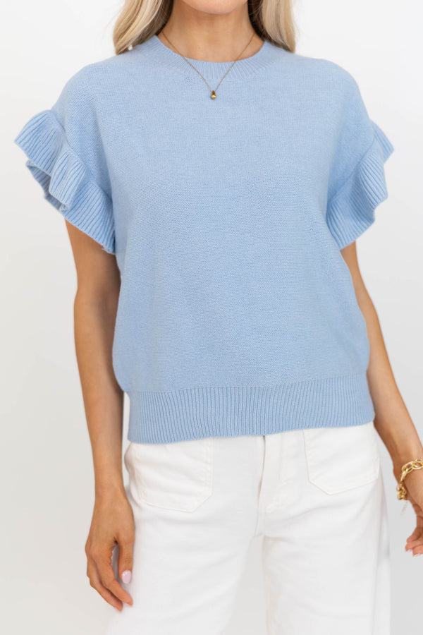 Take A Moment Light Blue Ruffle Sleeve Knit Top