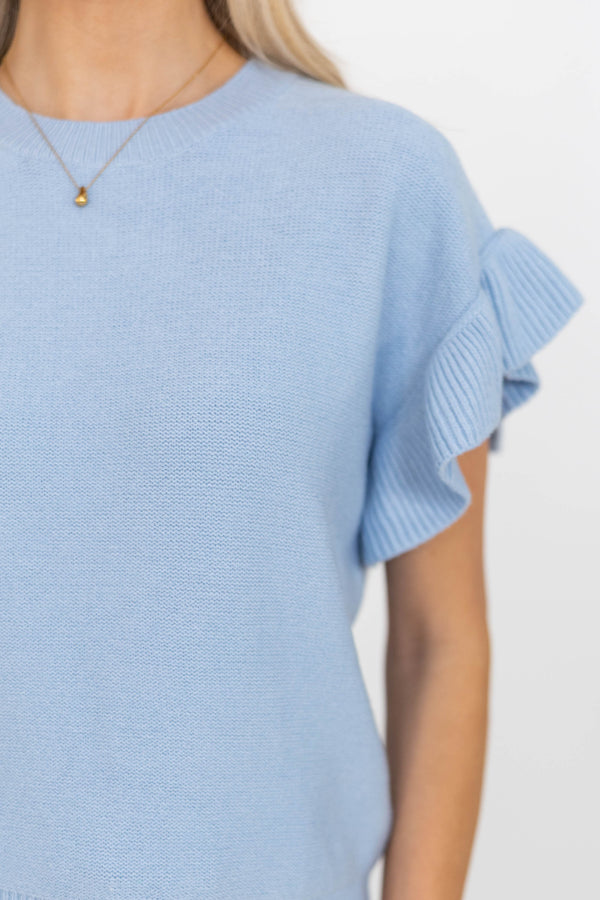 Take A Moment Light Blue Ruffle Sleeve Knit Top