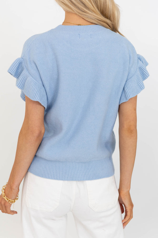 Take A Moment Light Blue Ruffle Sleeve Knit Top