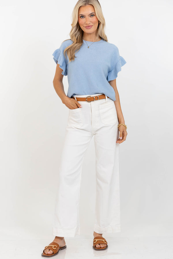 Take A Moment Light Blue Ruffle Sleeve Knit Top