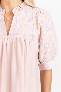 Out The Door Ready Blush Embroidered Dress