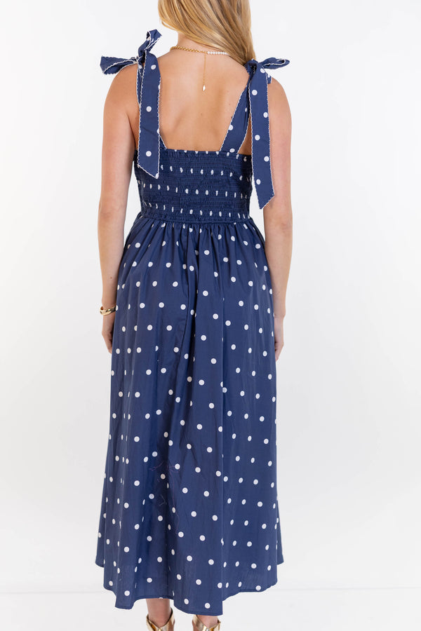 Evening Allure Navy Polka Dot Maxi Dress