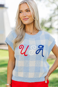 Good As It Gets Light Blue Plaid Sweater