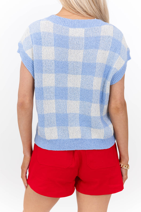 Good As It Gets Light Blue Plaid Sweater