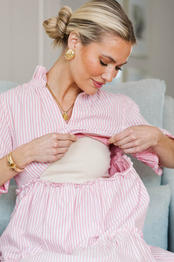 NURSING COLLECTION: Sweet As The Moment Pink Striped Embroidered Dress