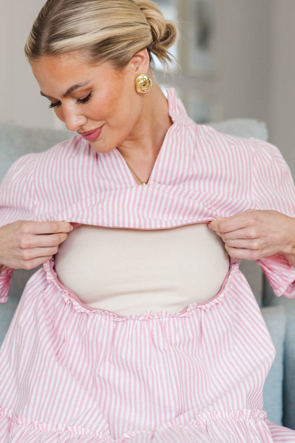 NURSING COLLECTION: Sweet As The Moment Pink Striped Embroidered Dress