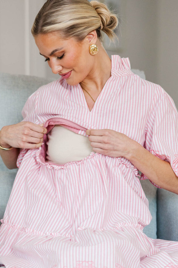 NURSING COLLECTION: Sweet As The Moment Pink Striped Embroidered Dress