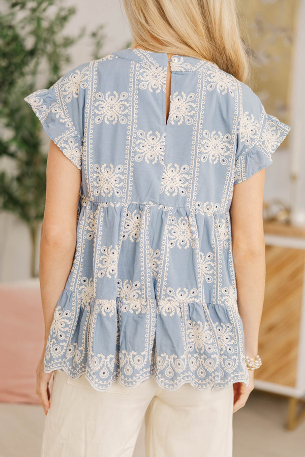 NURSING COLLECTION: Hear Your Call Blue Embroidered Babydoll Top