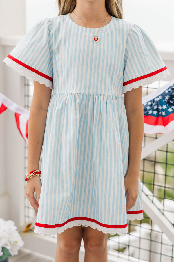 Girls: Time Goes By Blue Striped Scalloped Dress