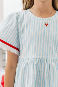 Girls: Time Goes By Blue Striped Scalloped Dress