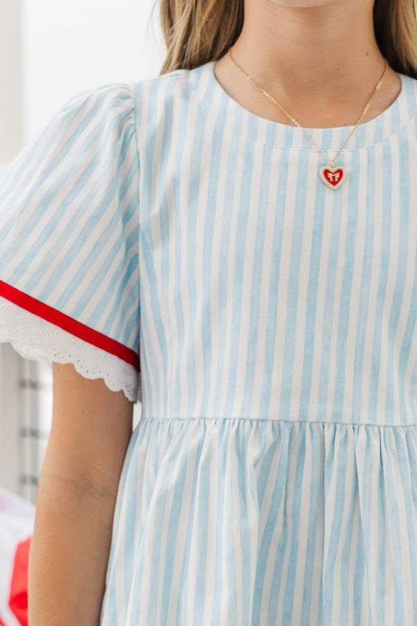 Girls: Time Goes By Blue Striped Scalloped Dress
