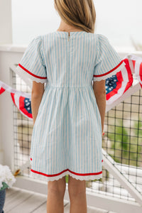 Girls: Time Goes By Blue Striped Scalloped Dress