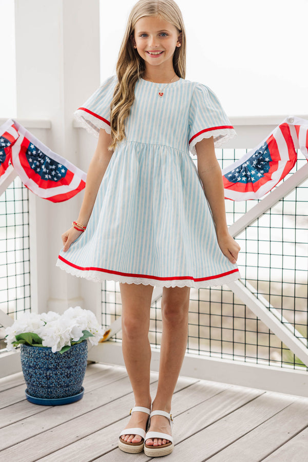 Girls: Time Goes By Blue Striped Scalloped Dress