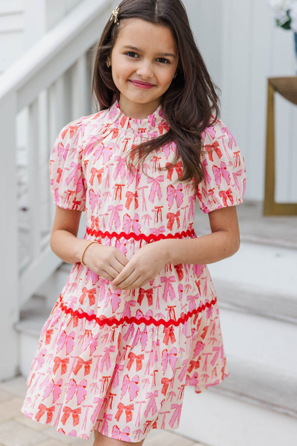Girls: The Addison Pink Bow Print Dress