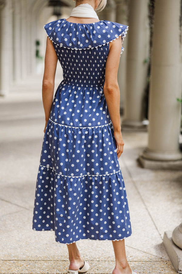 Long Time No See Navy Polka Dot Midi Dress, Small - The Mint Julep Boutique
