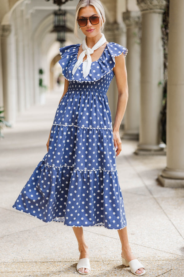 Long Time No See Navy Polka Dot Midi Dress, Small - The Mint Julep Boutique | Women's Boutique Clothing Long Time No See Navy Polka Dot Midi Dress, Small - The Mint Julep Boutique | Women's Boutique Clothing