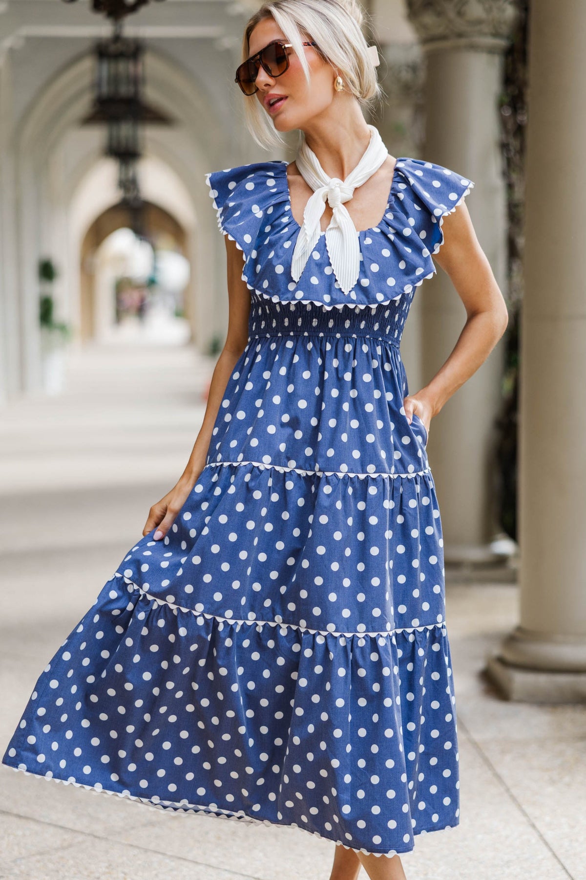 Long Time No See Navy Polka Dot Midi Dress, Large - The Mint Julep Boutique | Women's Boutique Clothing Long Time No See Navy Polka Dot Midi Dress, Large - The Mint Julep Boutique | Women's Boutique Clothing