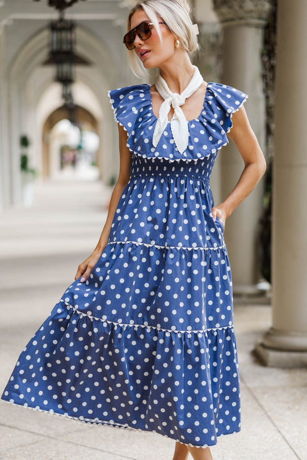 chinese dress ladies Dress Divine: Versatile Navy Blue Polka Dot Dress main image 1