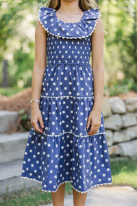 Girls: Long Time No See Navy Polka Dot Midi Dress