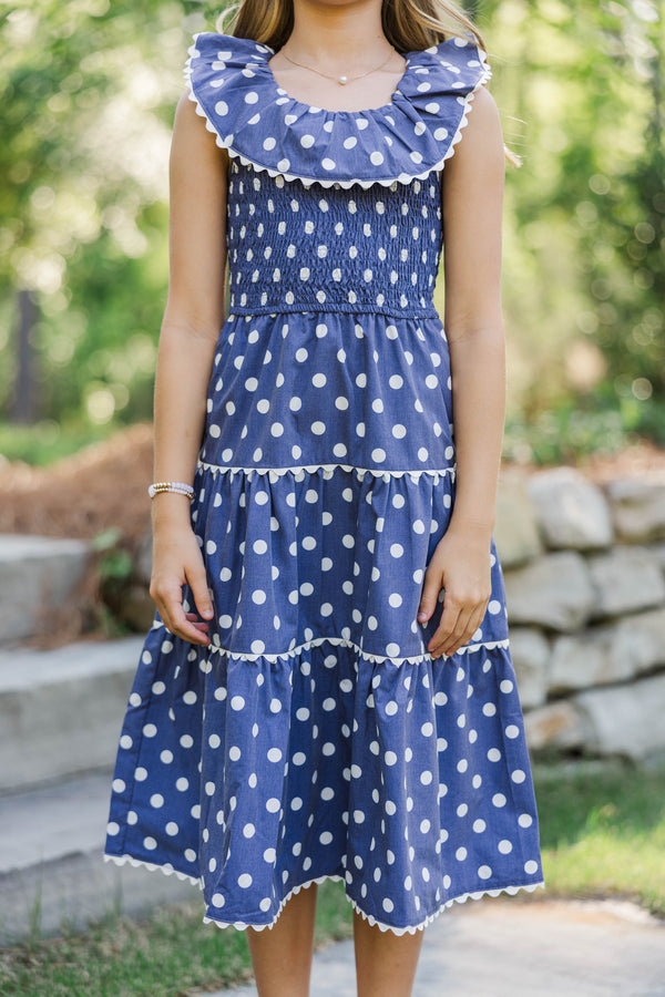 Girls: Long Time No See Navy Polka Dot Midi Dress