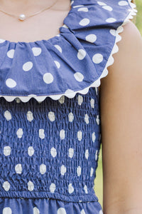Girls: Long Time No See Navy Polka Dot Midi Dress