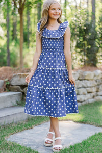 Girls: Long Time No See Navy Polka Dot Midi Dress