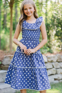 Girls: Long Time No See Navy Polka Dot Midi Dress