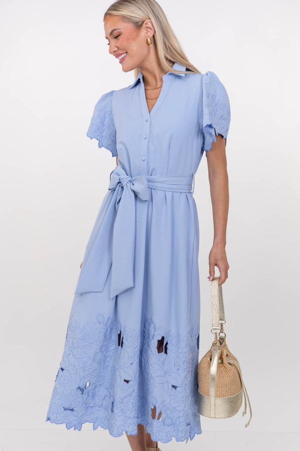 A Little Like Magic Light Blue Embroidered Midi Dress