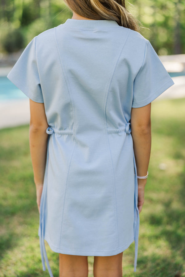 Girls: Soft & Simple Light Blue Gingham Tie Waist Shirt Dress