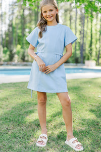 Girls: Soft & Simple Light Blue Gingham Tie Waist Shirt Dress