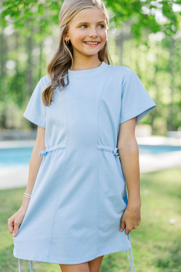 Girls: Soft & Simple Light Blue Gingham Tie Waist Shirt Dress