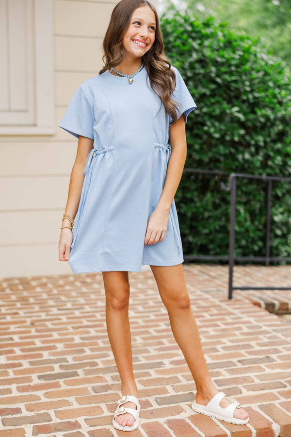 Girls: Soft & Simple Light Blue Tie Waist Shirt Dress