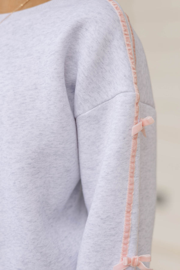 Girls: Darling Details Gray Bow Sleeve Sweatshirt