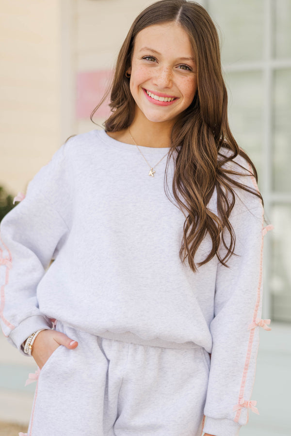 Girls: Darling Details Gray Bow Sleeve Sweatshirt