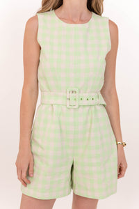Where We Drift To Mint Gingham Romper