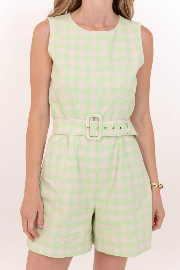 Where We Drift To Mint Gingham Romper