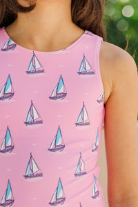 Girls: Coastal Afternoon Pink Novelty One Piece Swimsuit