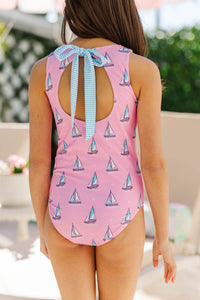 Girls: Coastal Afternoon Pink Novelty One Piece Swimsuit