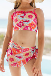Girls: Summer On My Mind Pink Coastal Tile Print Two Piece Swimsuit