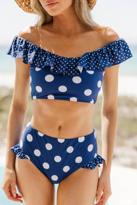Summer On Repeat Navy Polka Dot Ruffle Bikini Top
