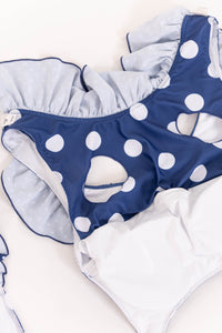 NURSING COLLECTION: Summer On Repeat Navy Polka Dot Ruffle Bikini Top